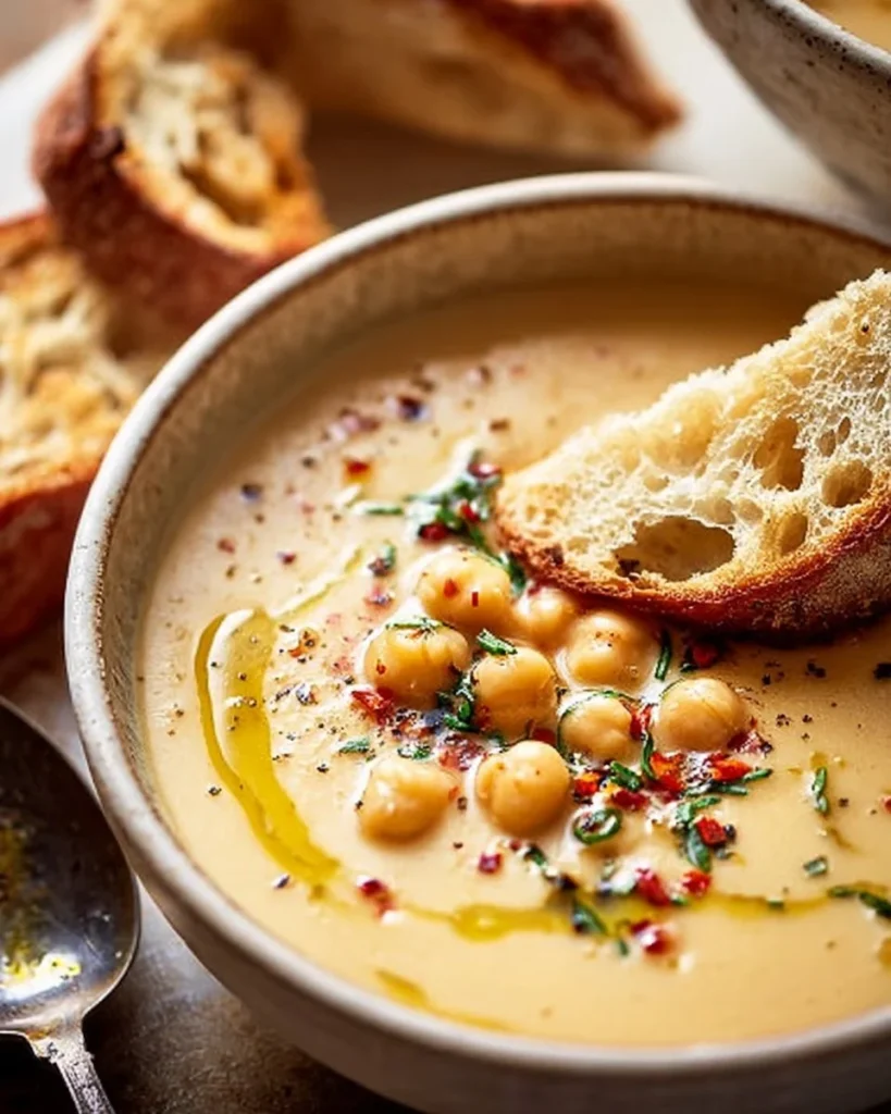 Bowl of Garlic Chickpea Soup garnished with herbs and spices