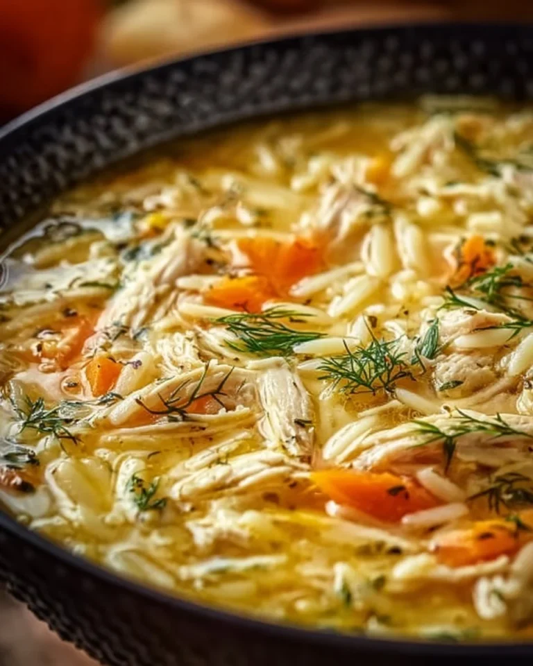 Bowl of Greek lemon chicken soup garnished with herbs and lemon slices