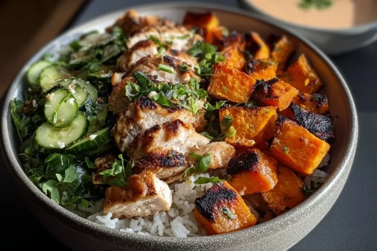 A fresh and colorful grilled chicken salad with greens, tomatoes, and dressing