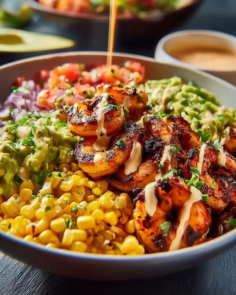 Grilled shrimp bowl with avocado and corn salsa on a wooden table.