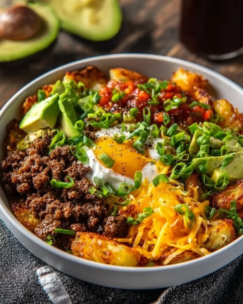 Delicious hash brown breakfast bowls with fresh toppings