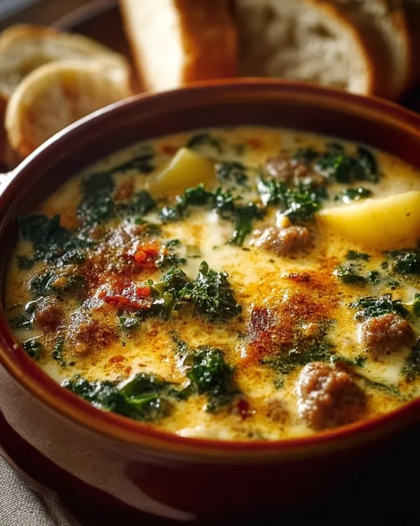 Bowl of hearty Tuscan soup with vegetables and herbs