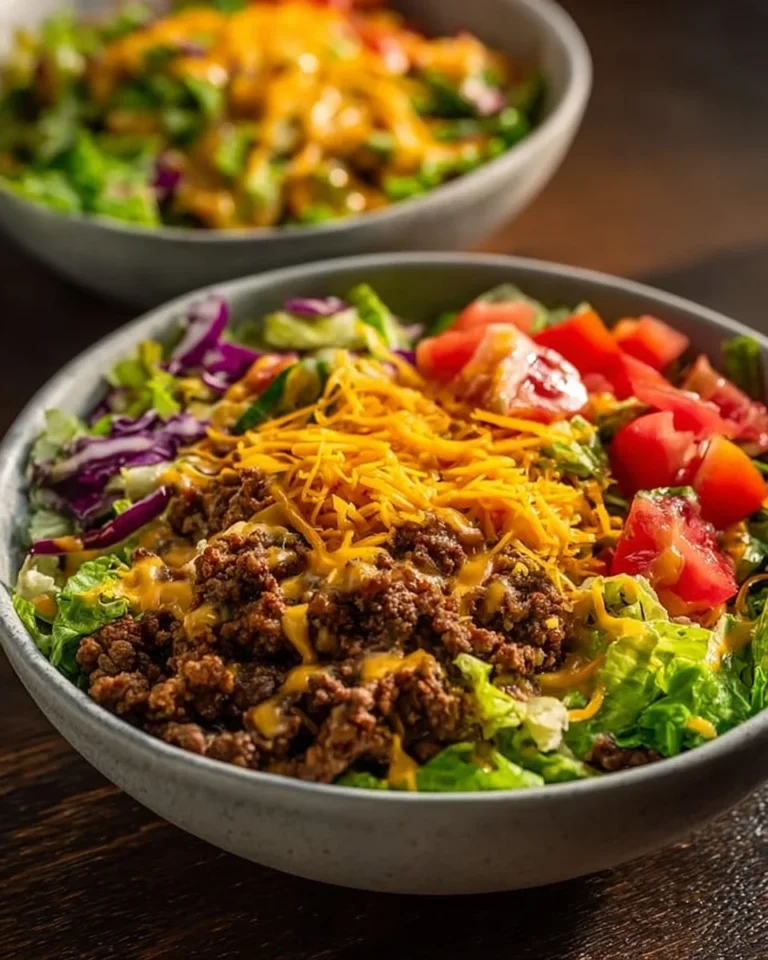 High-protein cheeseburger bowls with toppings and ingredients displayed