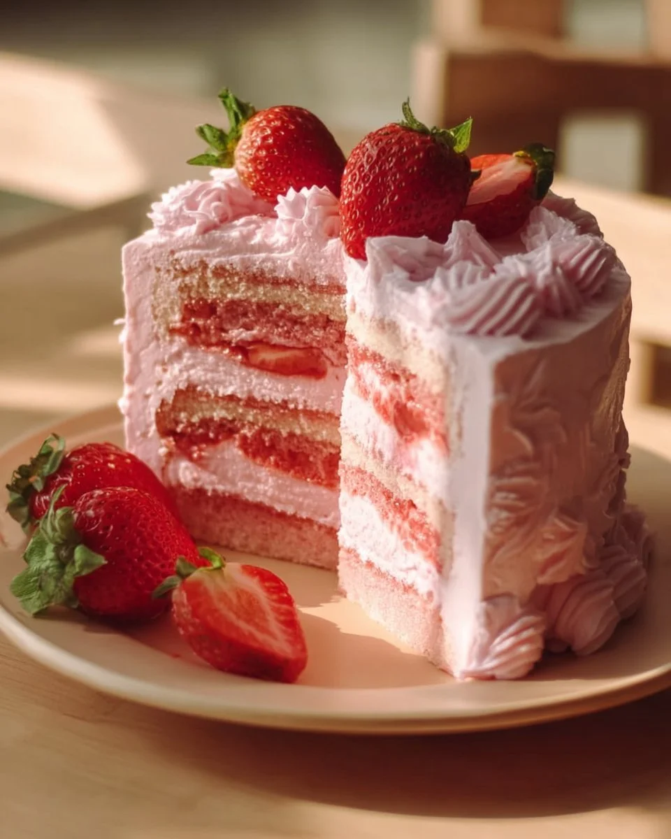 Delicious homemade strawberry cake topped with fresh strawberries and whipped cream.