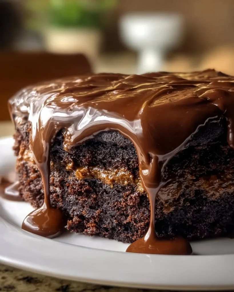 Delicious hot fudge cake topped with melted chocolate fudge and ice cream