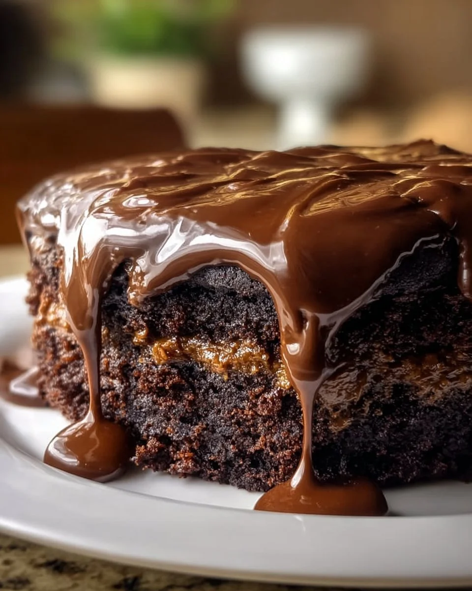 Delicious hot fudge cake topped with melted chocolate fudge and ice cream
