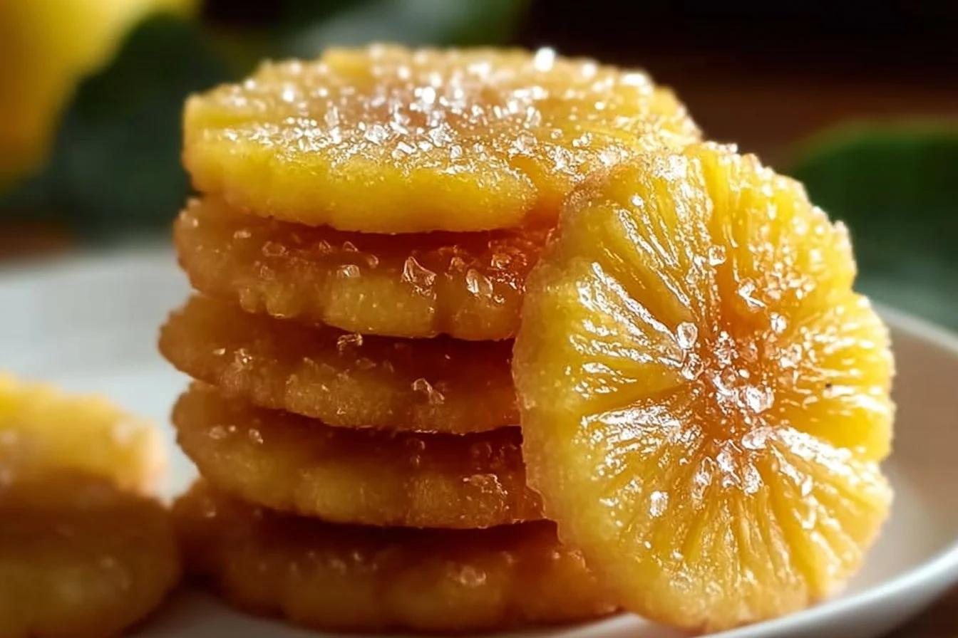 Plate of irresistible pineapple upside down cookies with a golden topping
