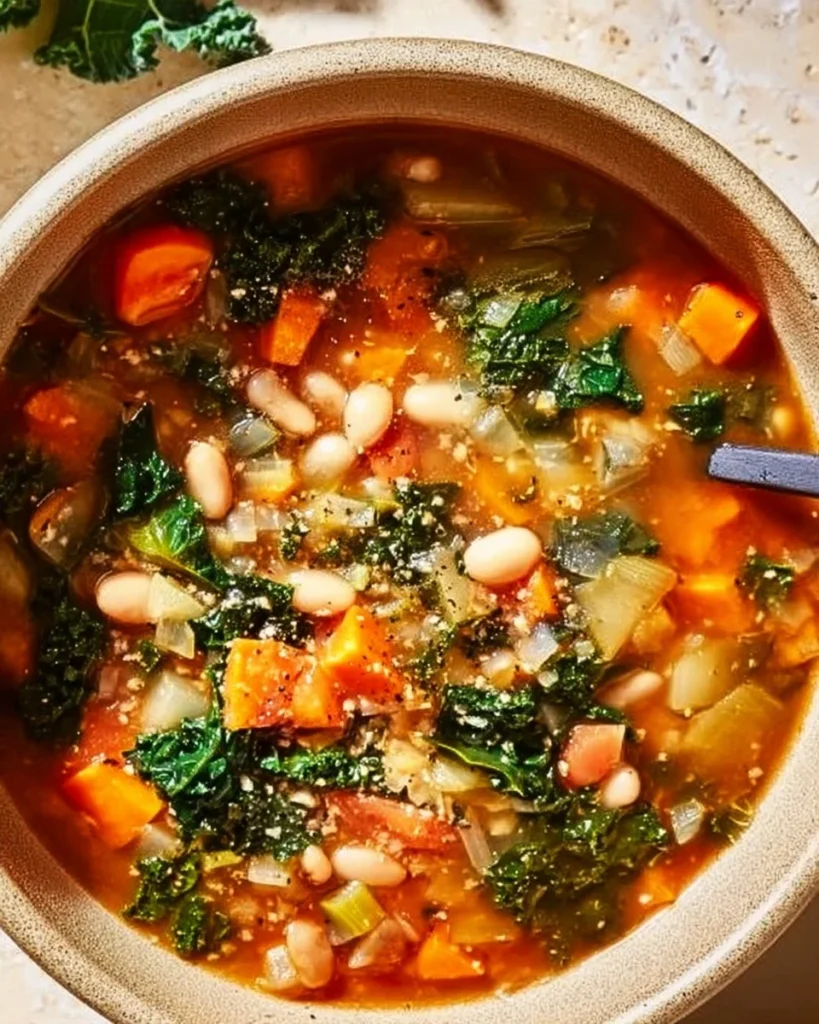 Bowl of Longevity Soup with fresh vegetables and herbs for improved health.