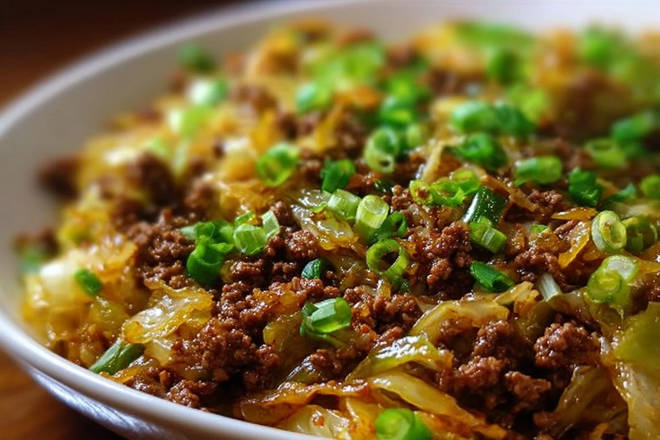 Low-Carb Mongolian Ground Beef with Cabbage served in a bowl
