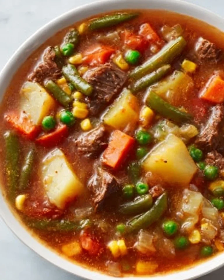 Delicious bowl of Mom's Old-Fashioned Vegetable Beef Soup with fresh vegetables and beef.
