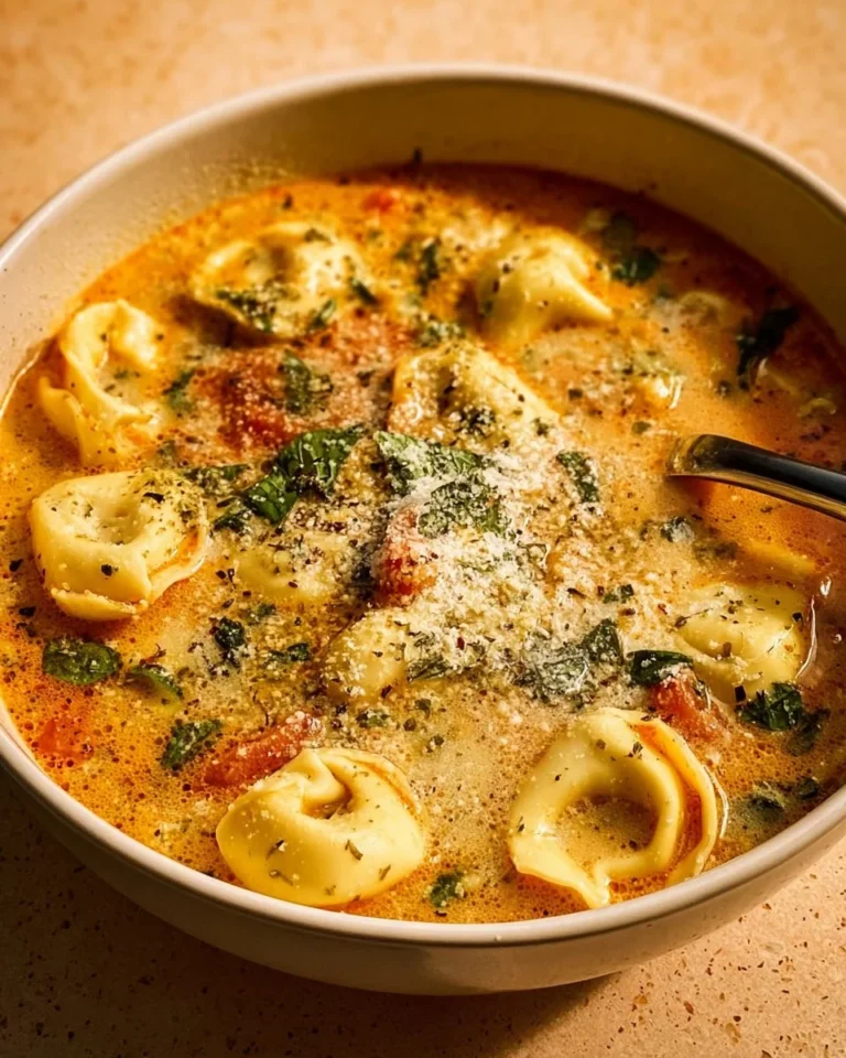 Bowl of Parmesan Tomato Tortellini Soup garnished with herbs and cheese