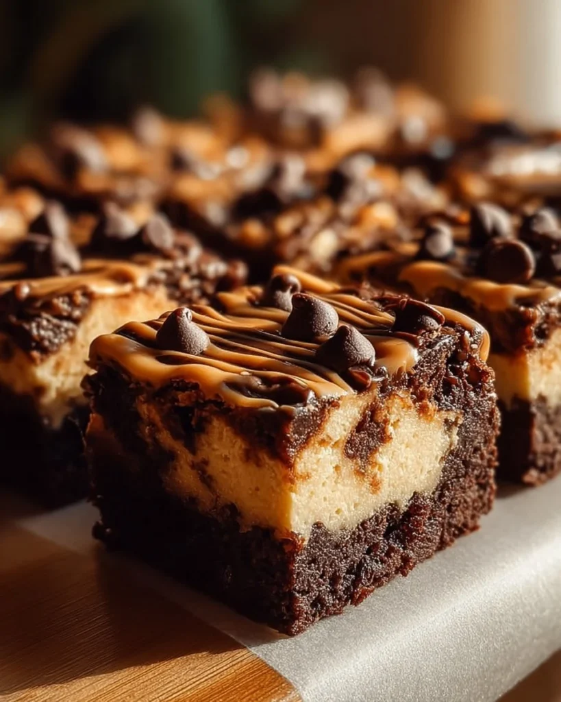 Peanut Butter Paradise Cheesecake Brownies topped with creamy layers and chocolate drizzle