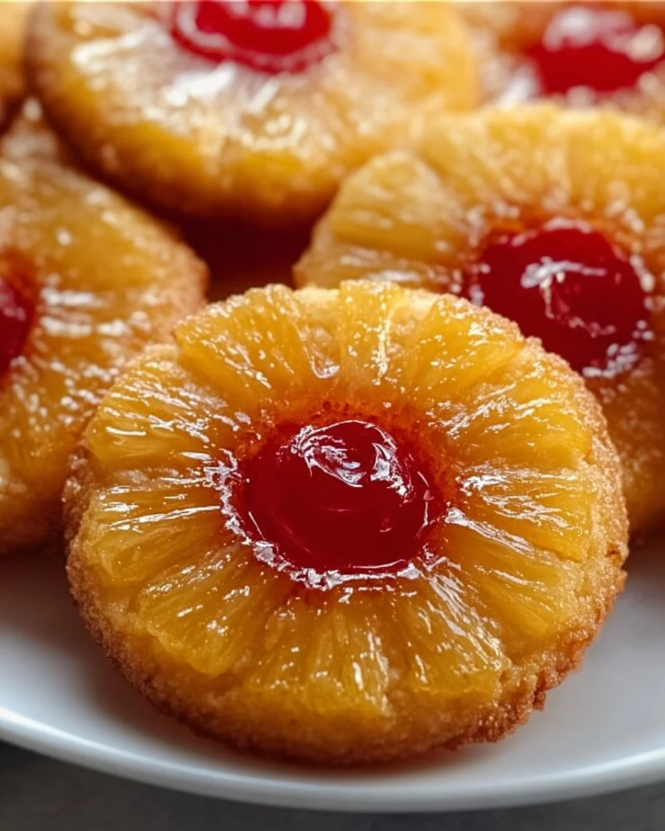 Delicious pineapple upside down sugar cookies on a plate.