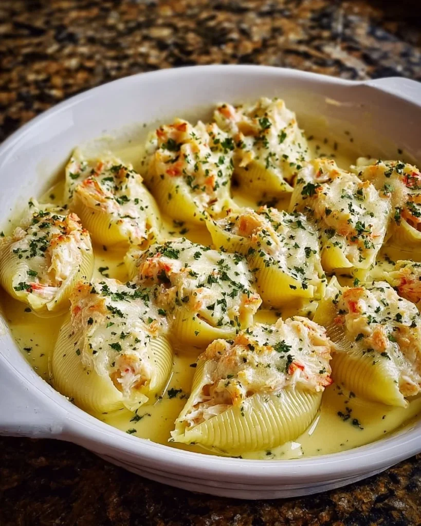Plate of seafood stuffed shells baked in creamy sauce with herbs.