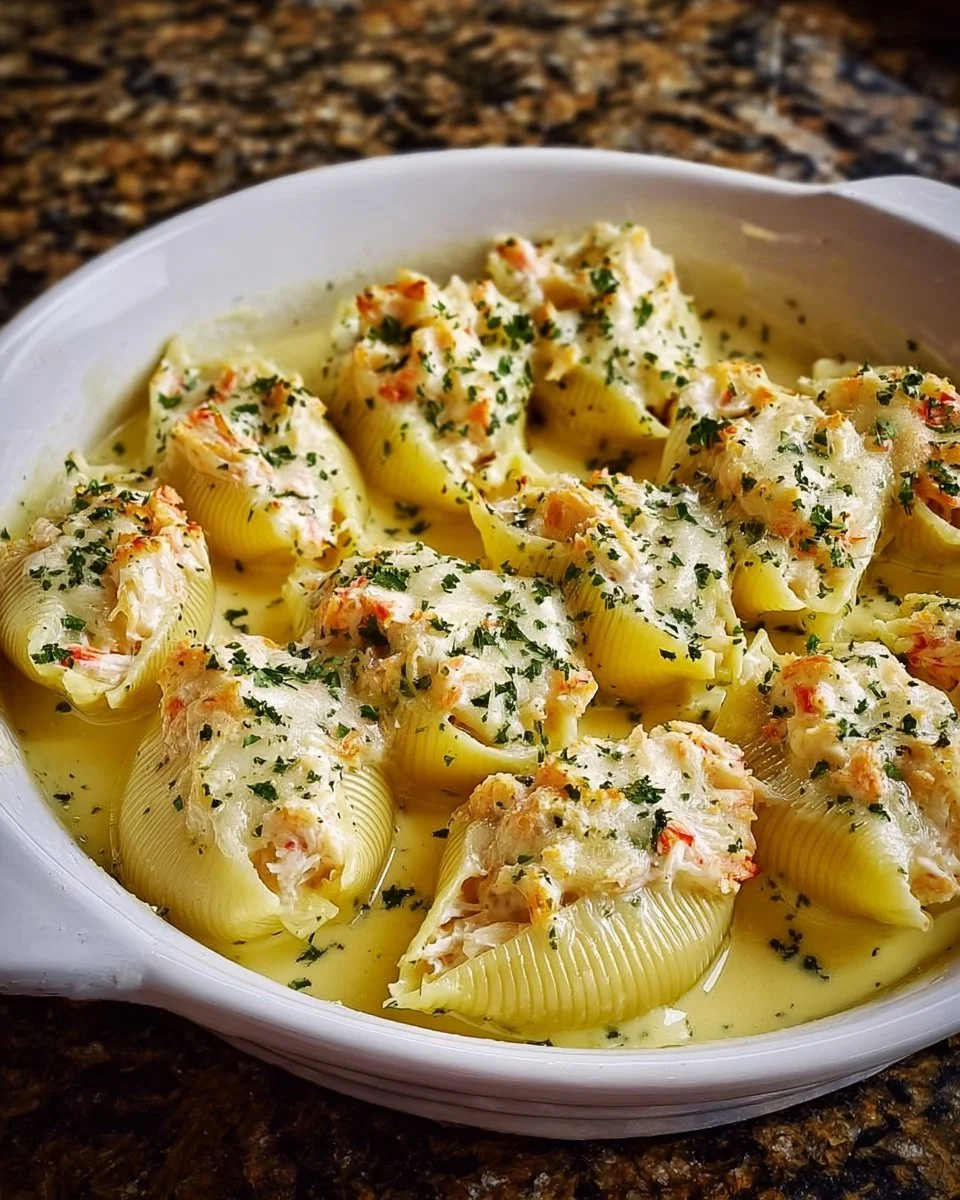Plate of seafood stuffed shells baked in creamy sauce with herbs.