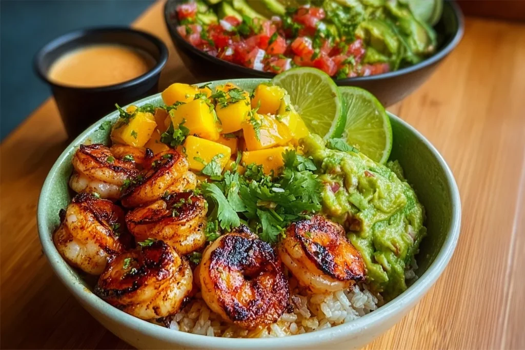 Shrimp avocado bowls with mango salsa and lime-chili sauce, garnished and ready to serve.