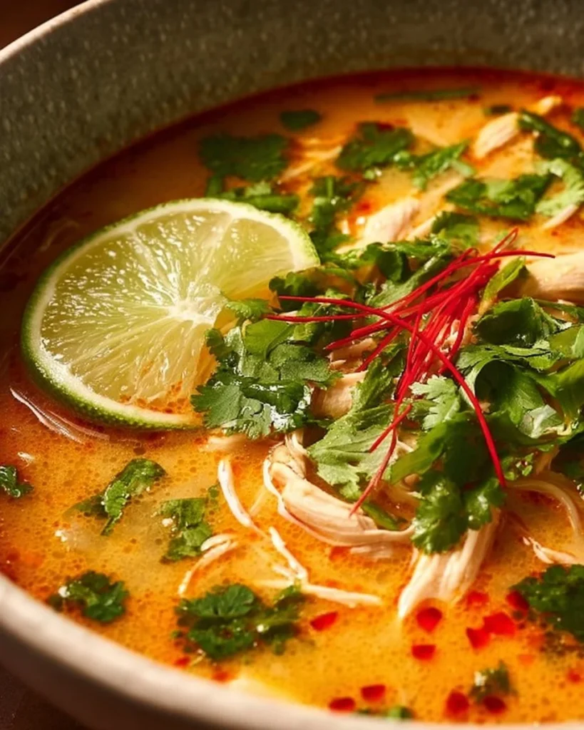 Bowl of Simple Thai Chicken Soup with herbs and spices