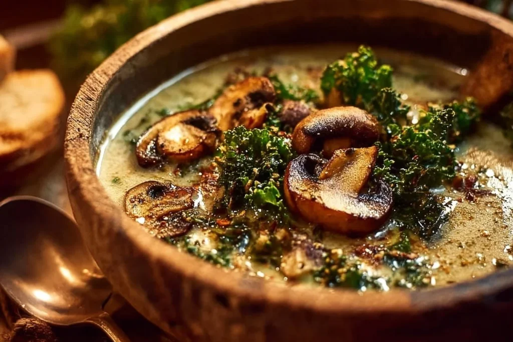 Bowl of simple wild mushroom soup with caramelized onion and kale