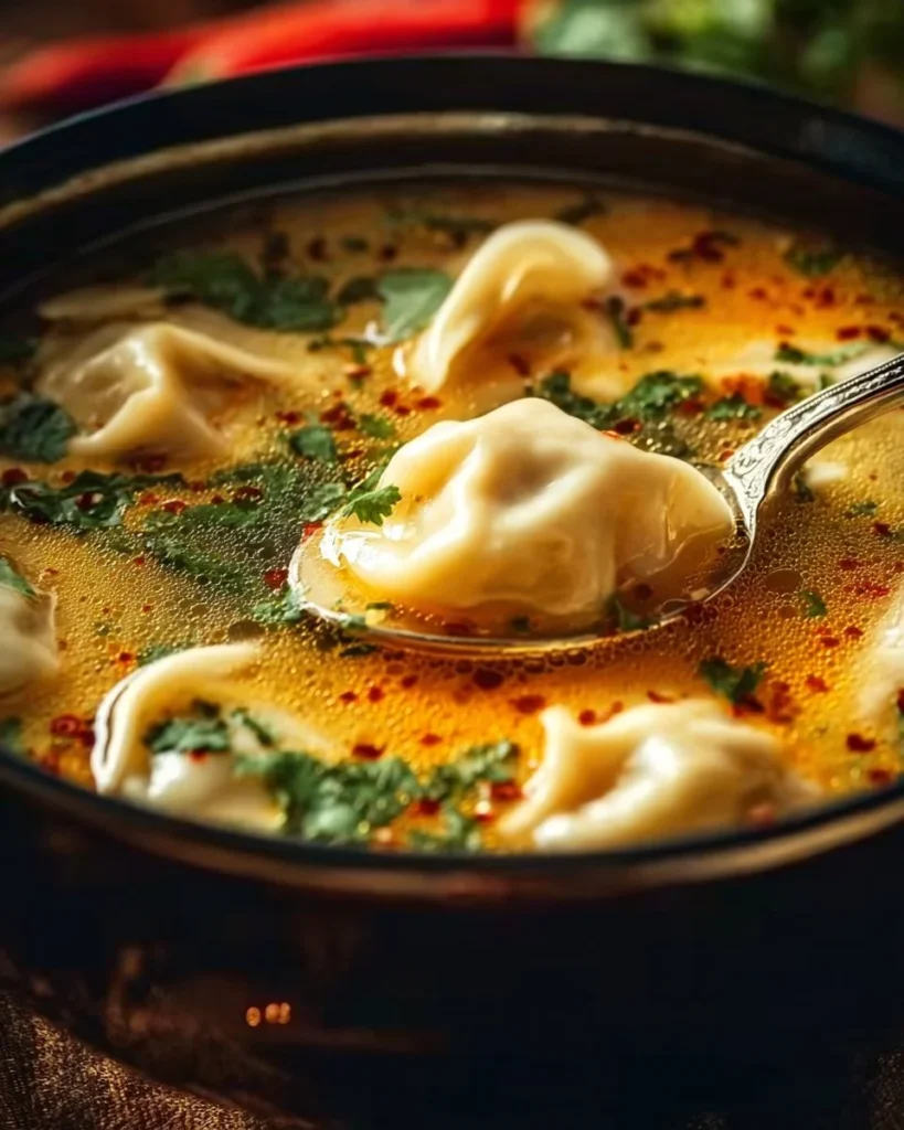 Bowl of Thai Potsticker Soup with dumplings and herbs
