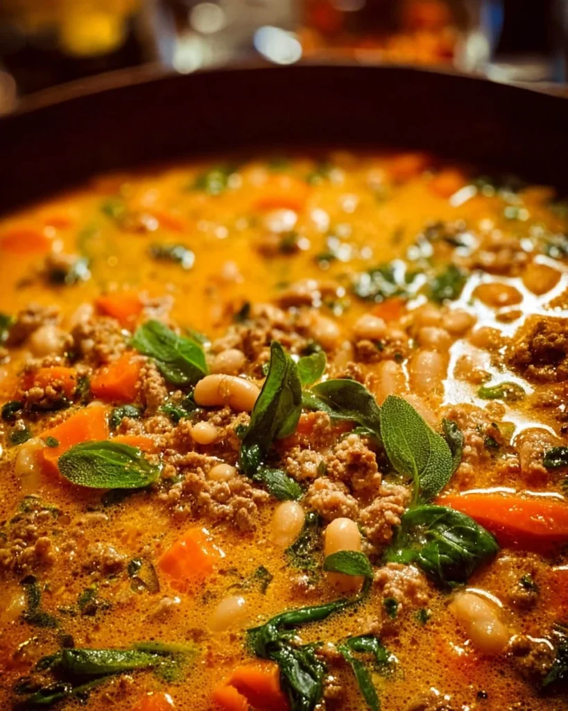 A hearty bowl of Tuscan white bean soup garnished with herbs and spices.