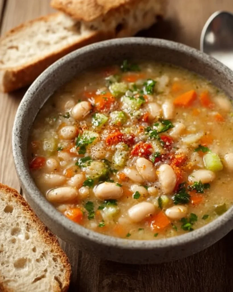 Delicious bowl of Tuscan White Bean Soup garnished with fresh herbs