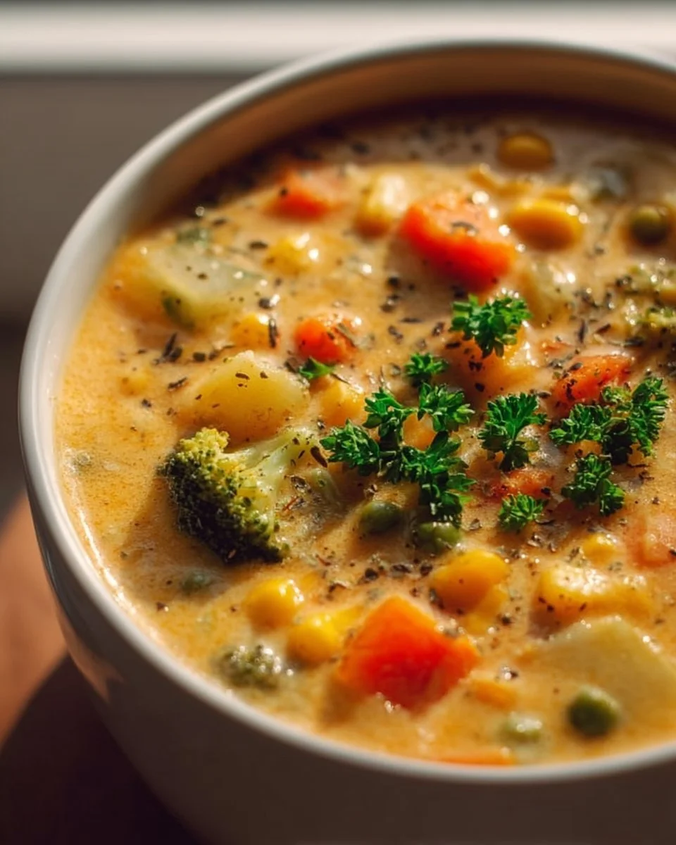 A hearty bowl of Veggie Pot Pie Soup filled with colorful vegetables.