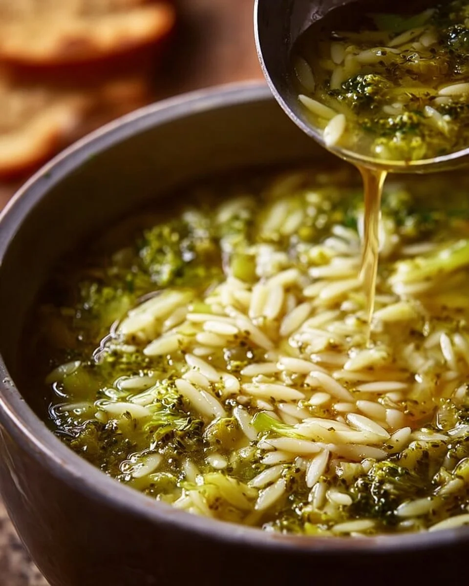 Bowl of warming Italian Broccoli Soup garnished with fresh herbs