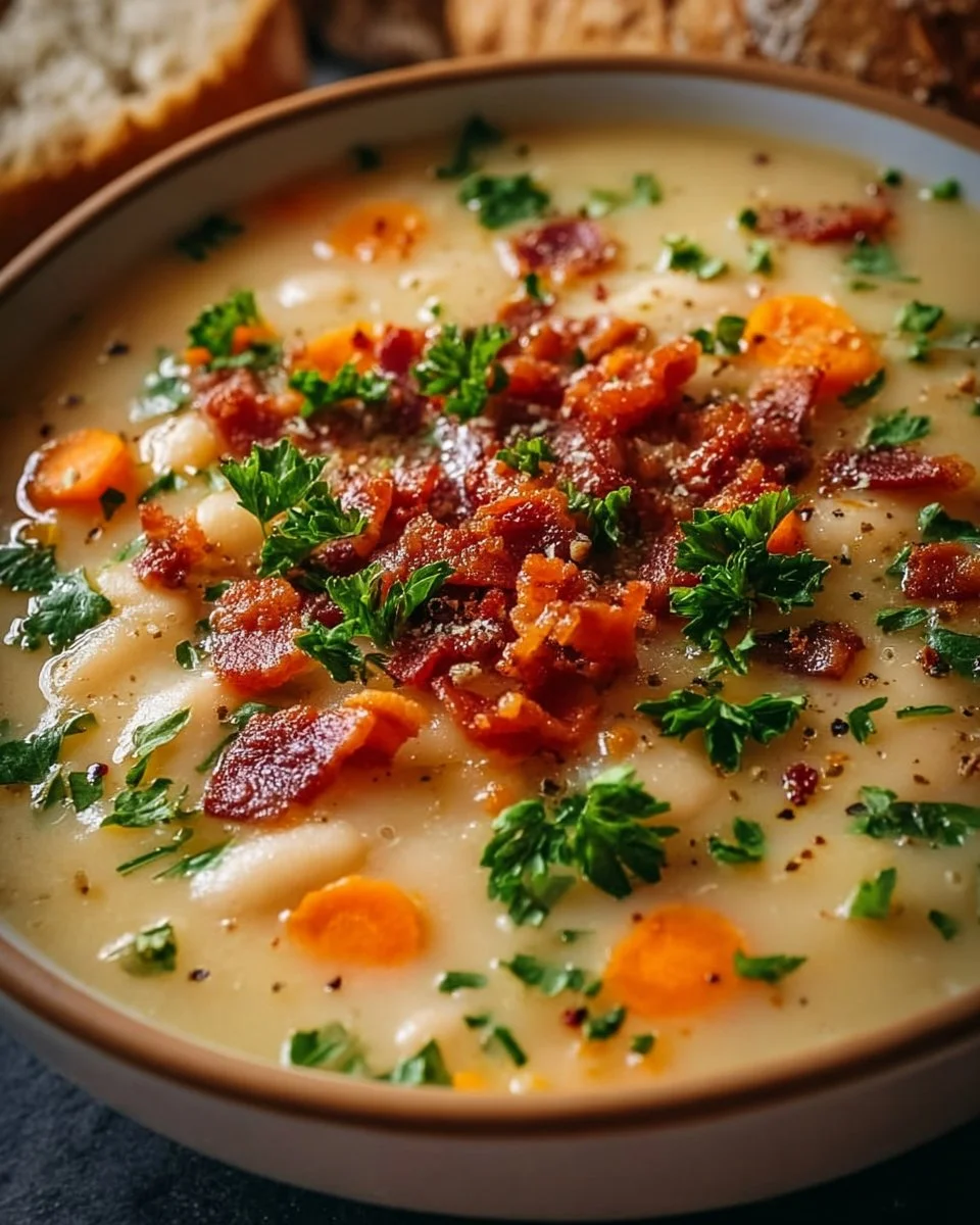Bowl of white bean soup with crispy bacon and fresh herbs