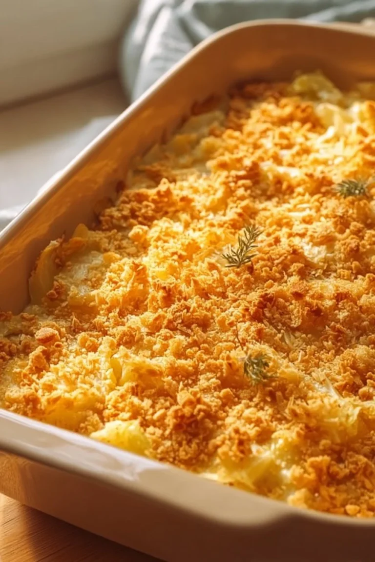 Delicious cabbage casserole with Ritz crackers topping served in a baking dish.