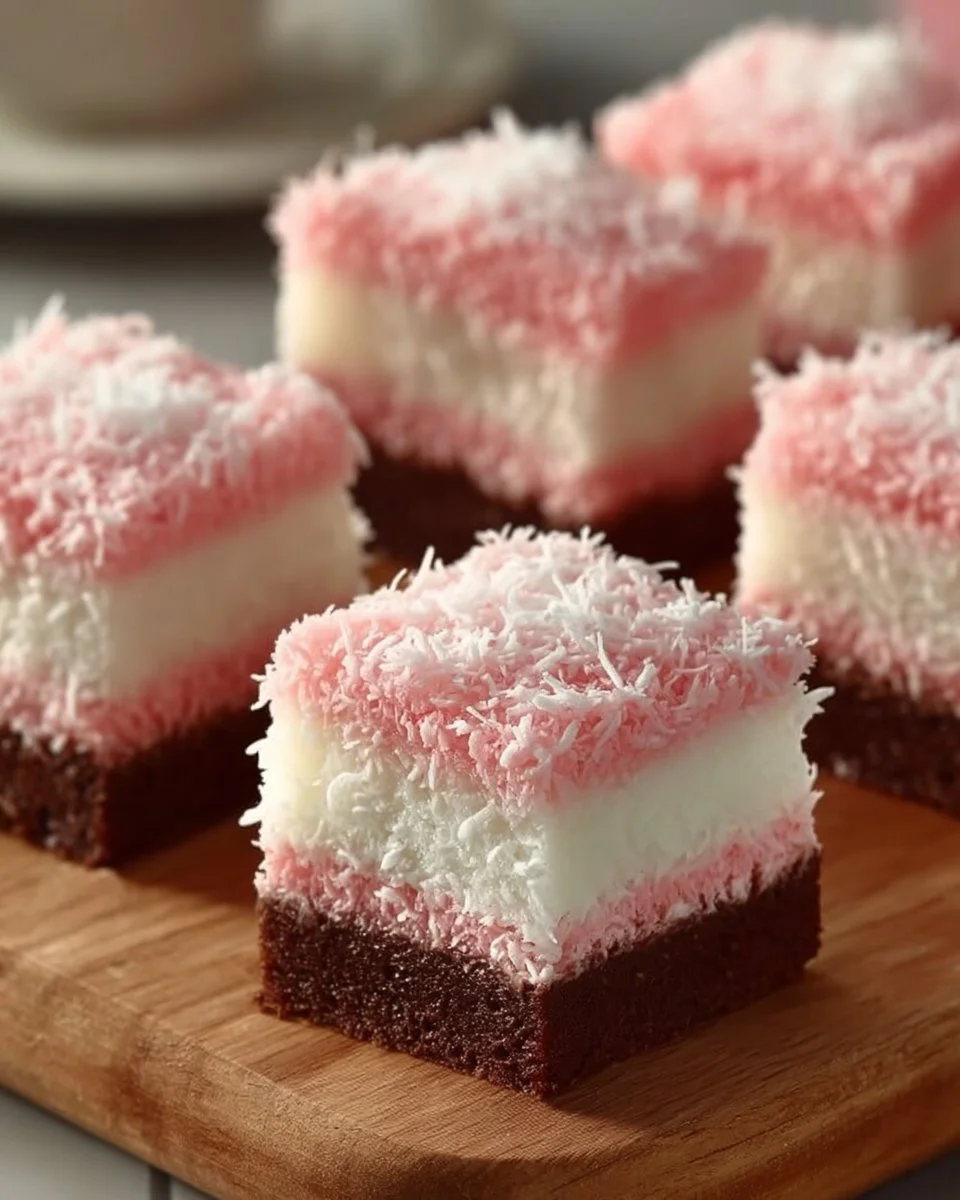 Delicious Pink Coconut Snowball Cake Bars on a dessert platter
