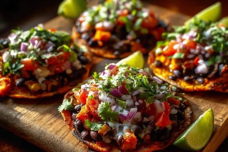 Black Bean and Sweet Potato Tostadas with toppings served on a plate