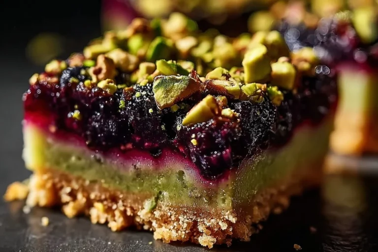 Delicious homemade Blackberry Pistachio Dream Bars on a white plate