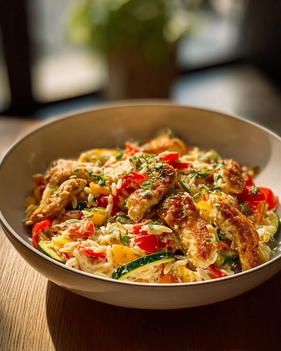Boursin Chicken with Orzo served in a bowl, garnished with herbs