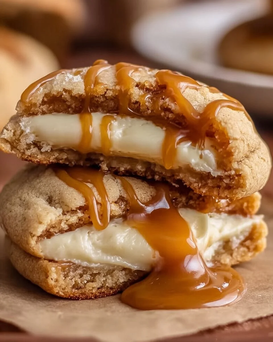 Freshly baked Caramel Cheesecake Cookies on a plate with caramel drizzle