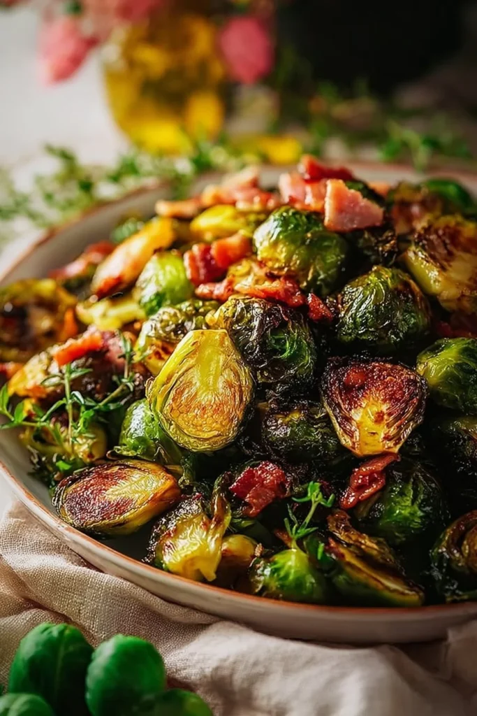 Caramelized roasted Brussels sprouts with crispy bacon in a serving dish