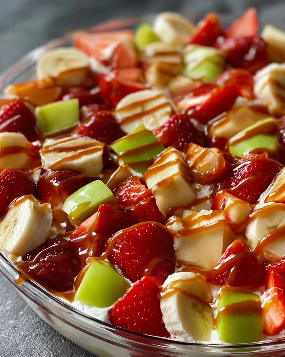 Delicious cheesecake inspired fruit salad with fresh fruits and cream.