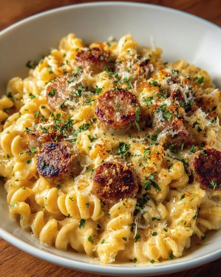 Creamy bratwurst mac and cheese served in a bowl with melted cheese topping