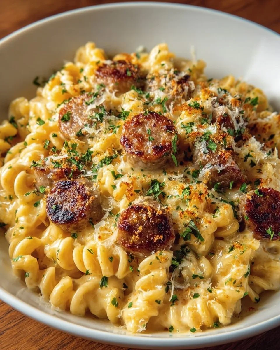 Creamy bratwurst mac and cheese served in a bowl with melted cheese topping