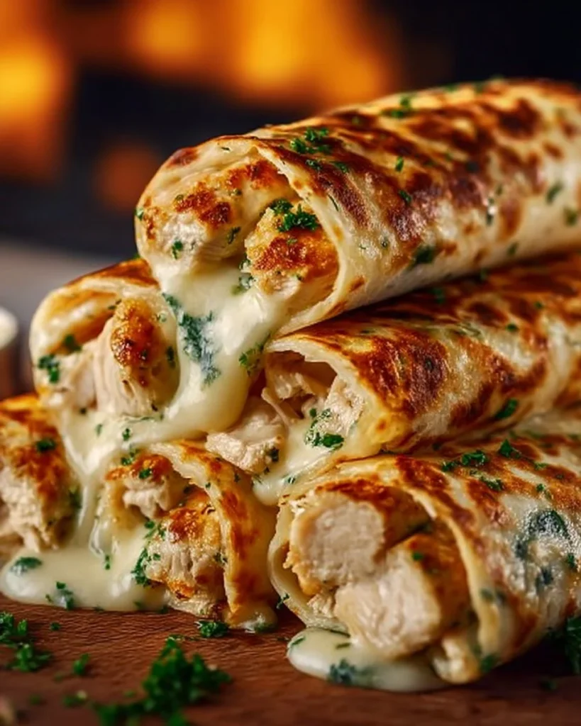 Cheesy garlic chicken wraps filled with tender chicken and melted cheese.