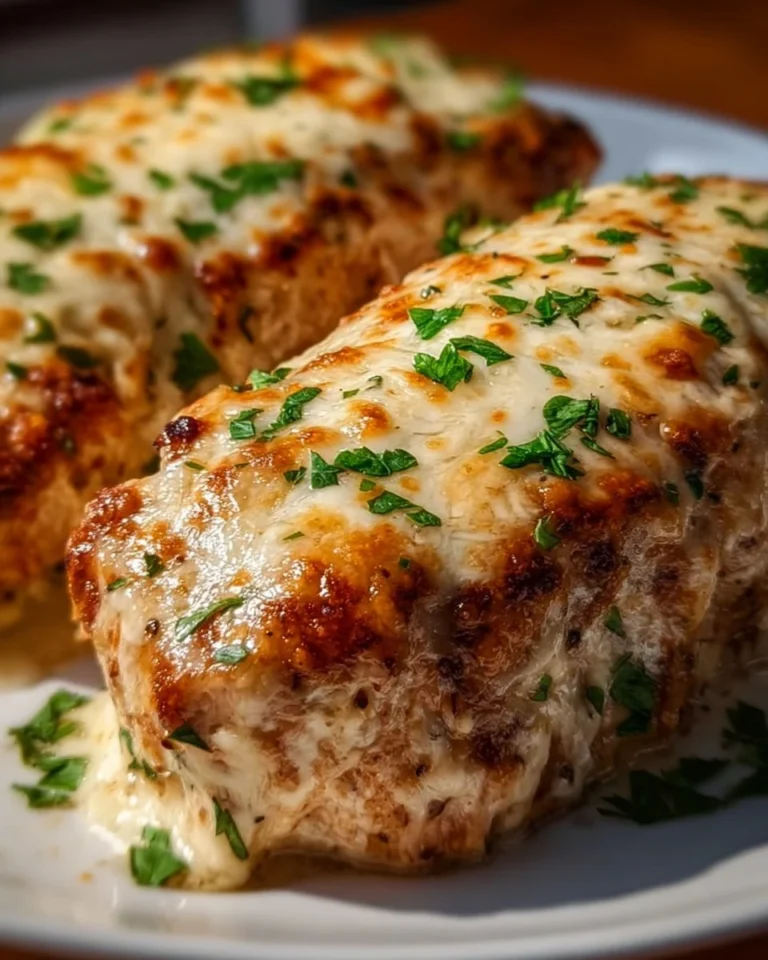 Cheesy Garlic Parmesan Chicken Loaf fresh out of the oven, garnished with parsley