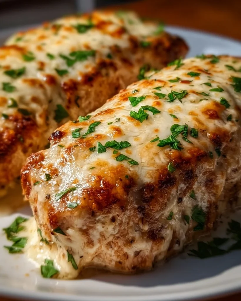 Cheesy Garlic Parmesan Chicken Loaf fresh out of the oven, garnished with parsley