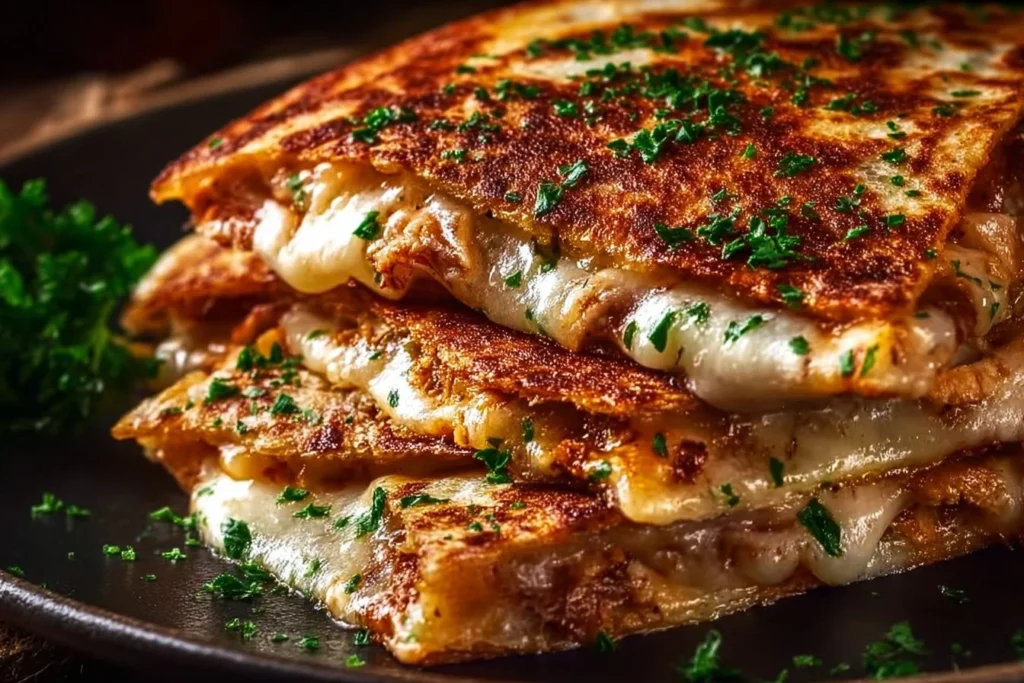 Cheesy hot honey chicken quesadillas with spicy jalapeño cream sauce on a plate