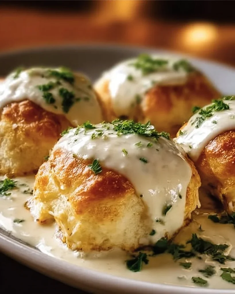 Delicious Chicken Pillows topped with creamy Parmesan sauce on a plate