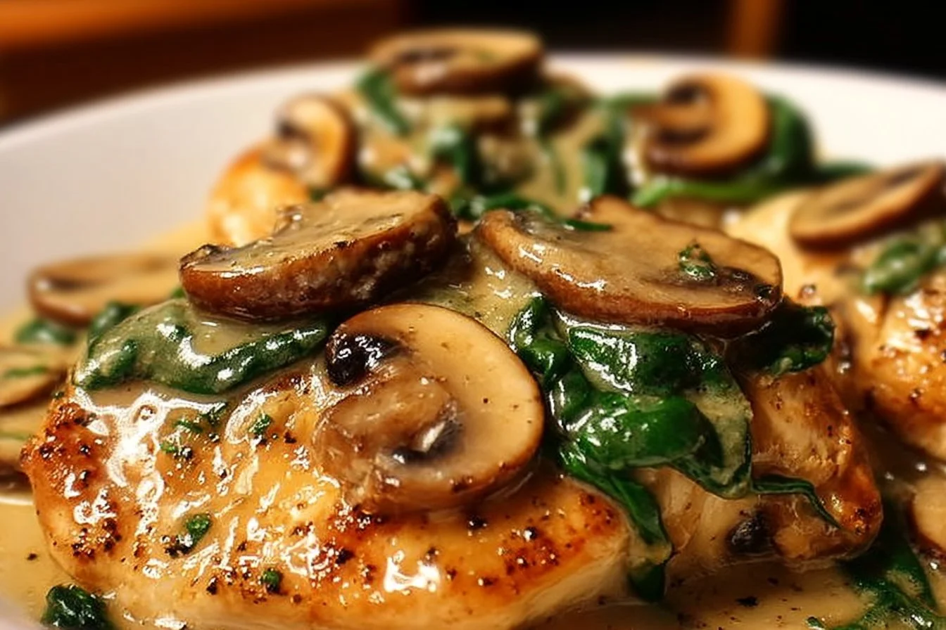 Delicious chicken bake with spinach and mushrooms dish in a casserole