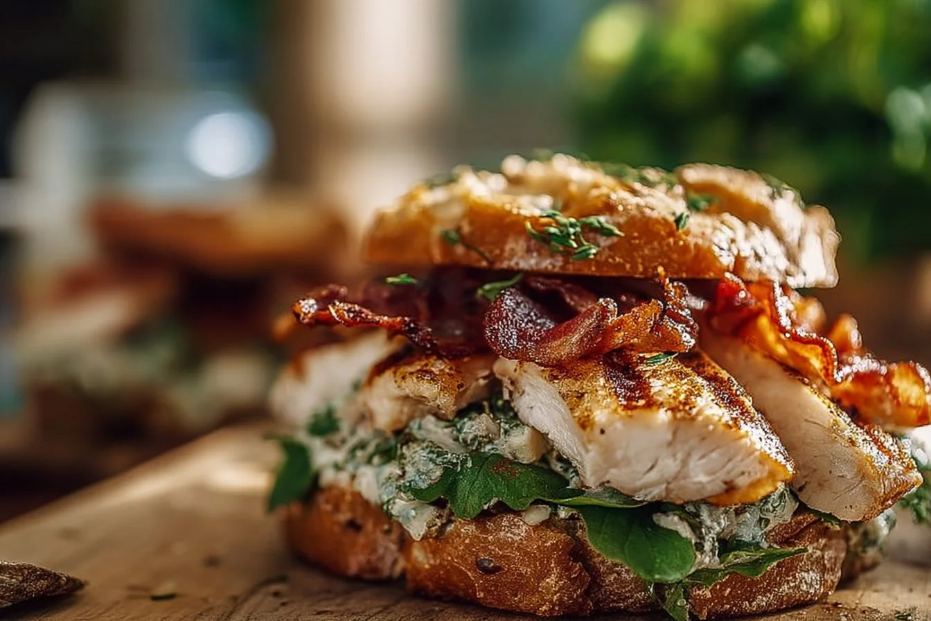 Chopped chicken bacon ranch sandwich with fresh ingredients and savory toppings