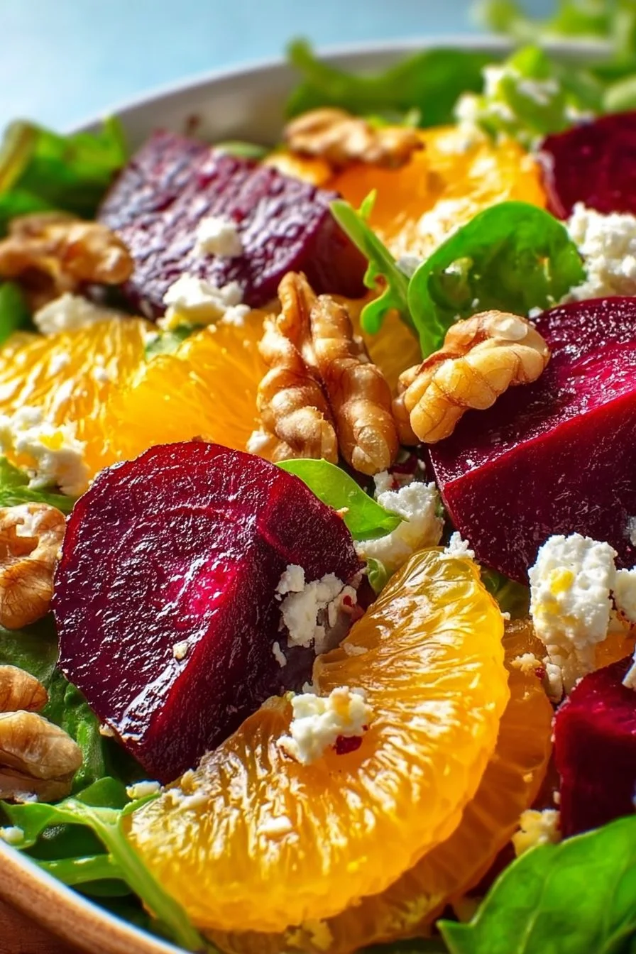 Colorful Easter beet salad with fresh vegetables and dressing
