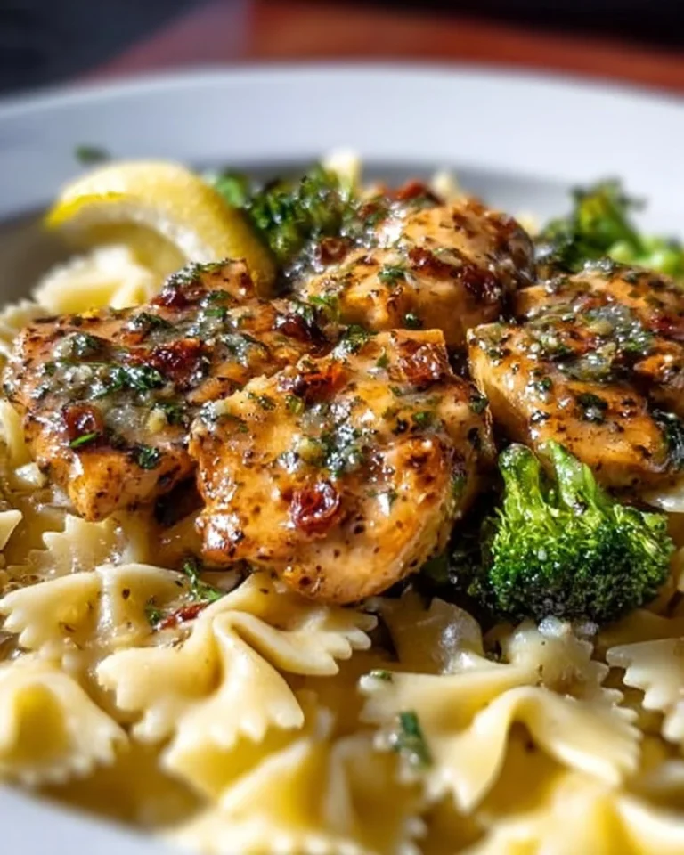 Cowboy Butter Lemon Bowtie Chicken Pasta with Broccoli served in a bowl