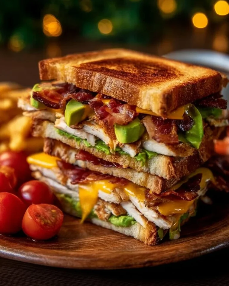 Delicious Cowboy Club Sandwich with layers of turkey, bacon, and fresh veggies
