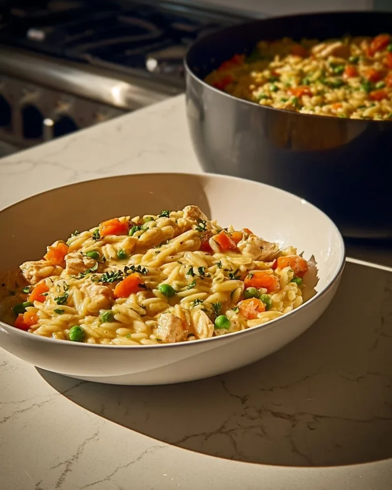Creamy chicken pot pie featuring orzo and shredded chicken in a flaky crust.