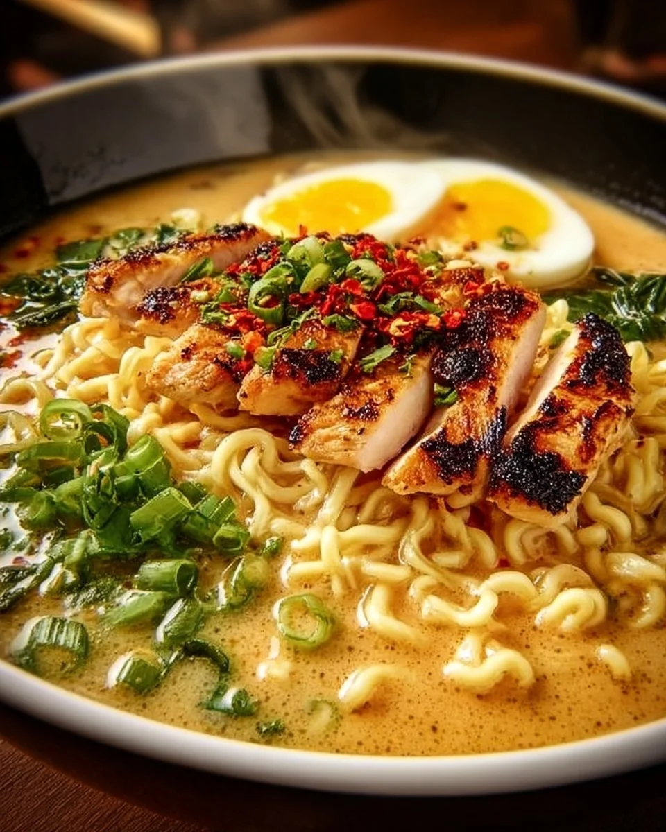 Bowl of creamy garlic chicken ramen topped with green onions and herbs